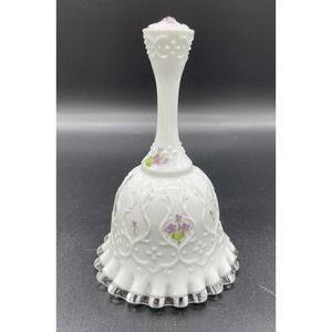 Vintage Fenton Bell Spanish Lace Violets In The Snow Milk Glass Signed!